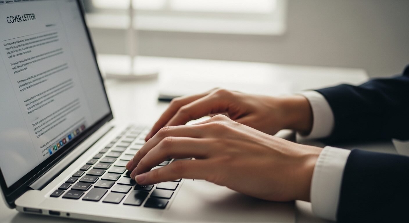 Cận cảnh bàn tay đang gõ laptop trên bàn làm việc hiện đại, màn hình hiển thị cover letter. Ảnh minh họa cho bí quyết viết cover letter Nhân sự hiệu quả.