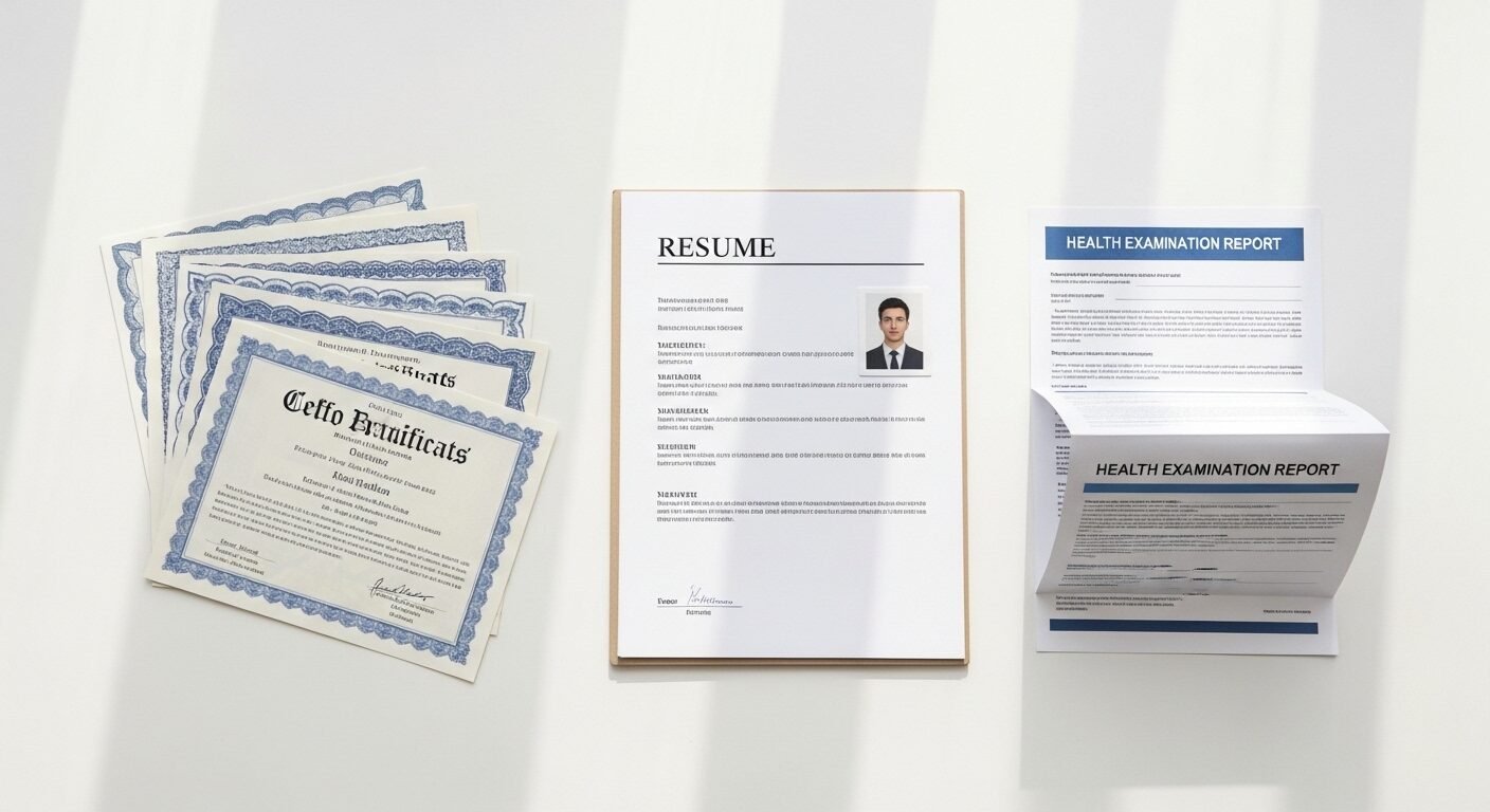Mẫu hồ sơ xin việc viết sẵn chuyên nghiệp, gồm sơ yếu lý lịch, chứng chỉ, giấy khám sức khỏe và ảnh thẻ, được sắp xếp gọn gàng trên bàn trắng, sẵn sàng để nộp.