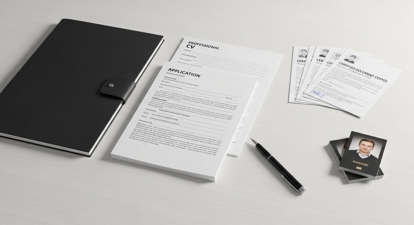 Bàn làm việc gọn gàng với CV chuyên nghiệp, đơn xin việc, bản sao giấy tờ và ảnh thẻ. Đây là bộ hồ sơ xin việc Hồng Hải được sắp xếp hoàn chỉnh và sẵn sàng.