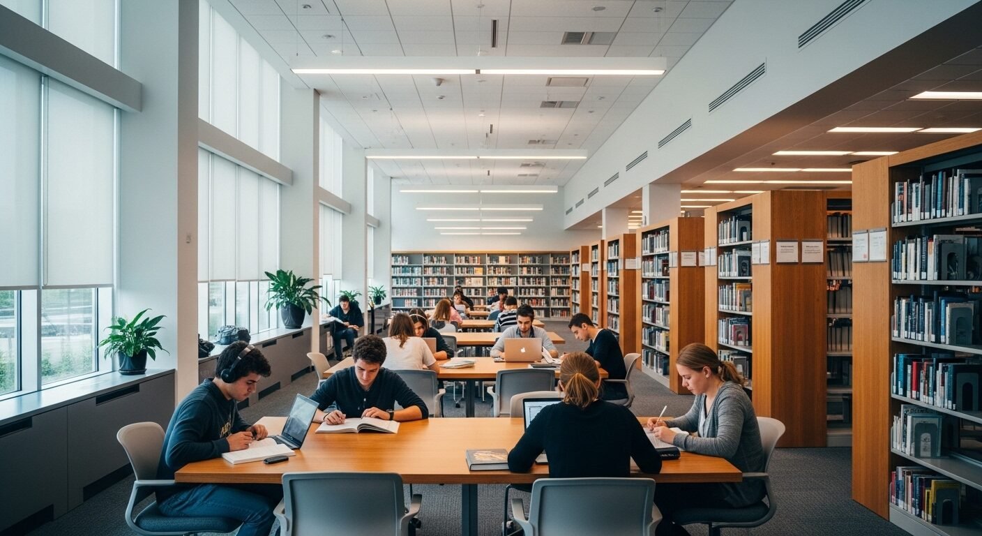Thư viện đại học hiện đại với sinh viên đang say sưa học tập cùng laptop, một khung cảnh thường thấy ở trường đại học kinh tế tốt nhất miền bắc.