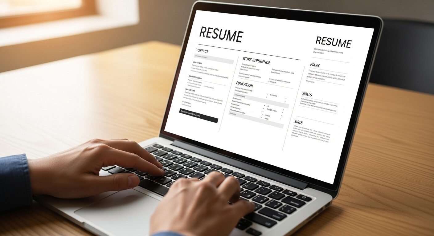 Cận cảnh tay gõ laptop với mẫu CV chuyên nghiệp trên màn hình, minh họa cách viết hồ sơ xin việc Vinmart hiệu quả và thu hút nhà tuyển dụng.