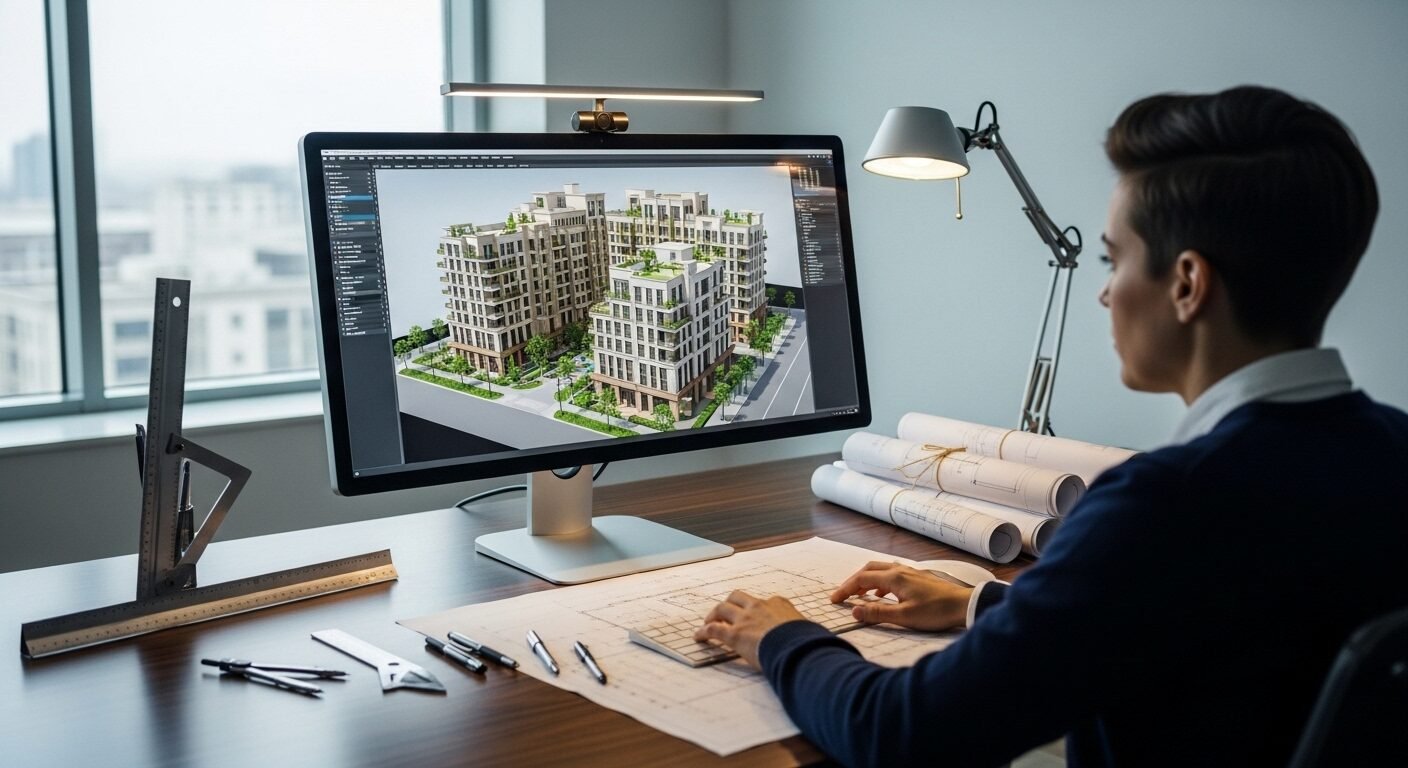 Kiến trúc sư tập trung làm việc trên mô hình 3D tại bàn hiện đại với ánh sáng tự nhiên, tạo ra các dự án chất lượng cho hồ sơ xin việc kiến trúc sư.