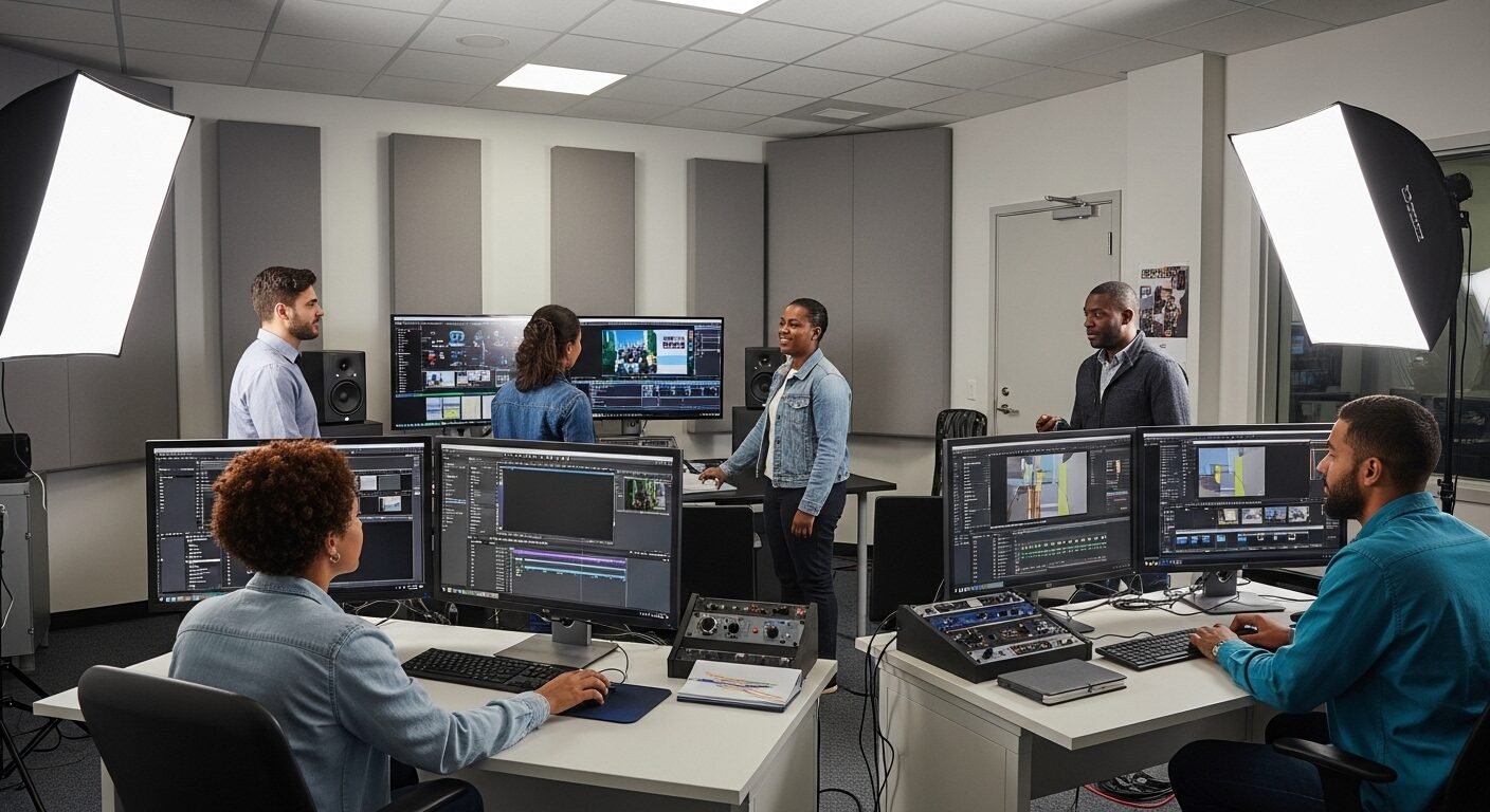 Sinh viên đa dạng làm việc trong studio sản xuất truyền thông hiện đại, chỉnh sửa video và thiết kế đồ họa, tại một trường đào tạo ngành truyền thông tốt nhất thế giới.