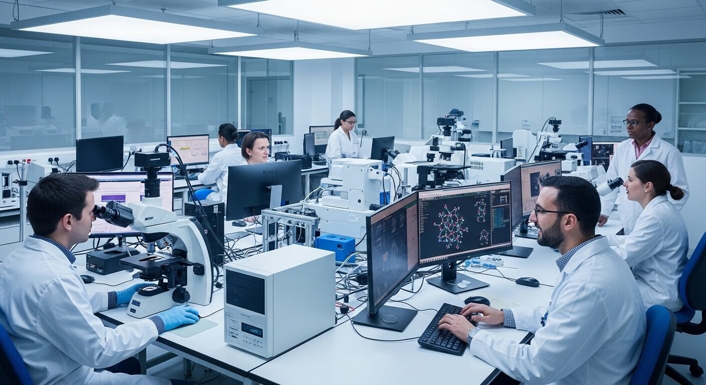 Phòng thí nghiệm nghiên cứu hiện đại của Đại học New South Wales với các nhà khoa học đang hợp tác sử dụng kính hiển vi và máy tính.
