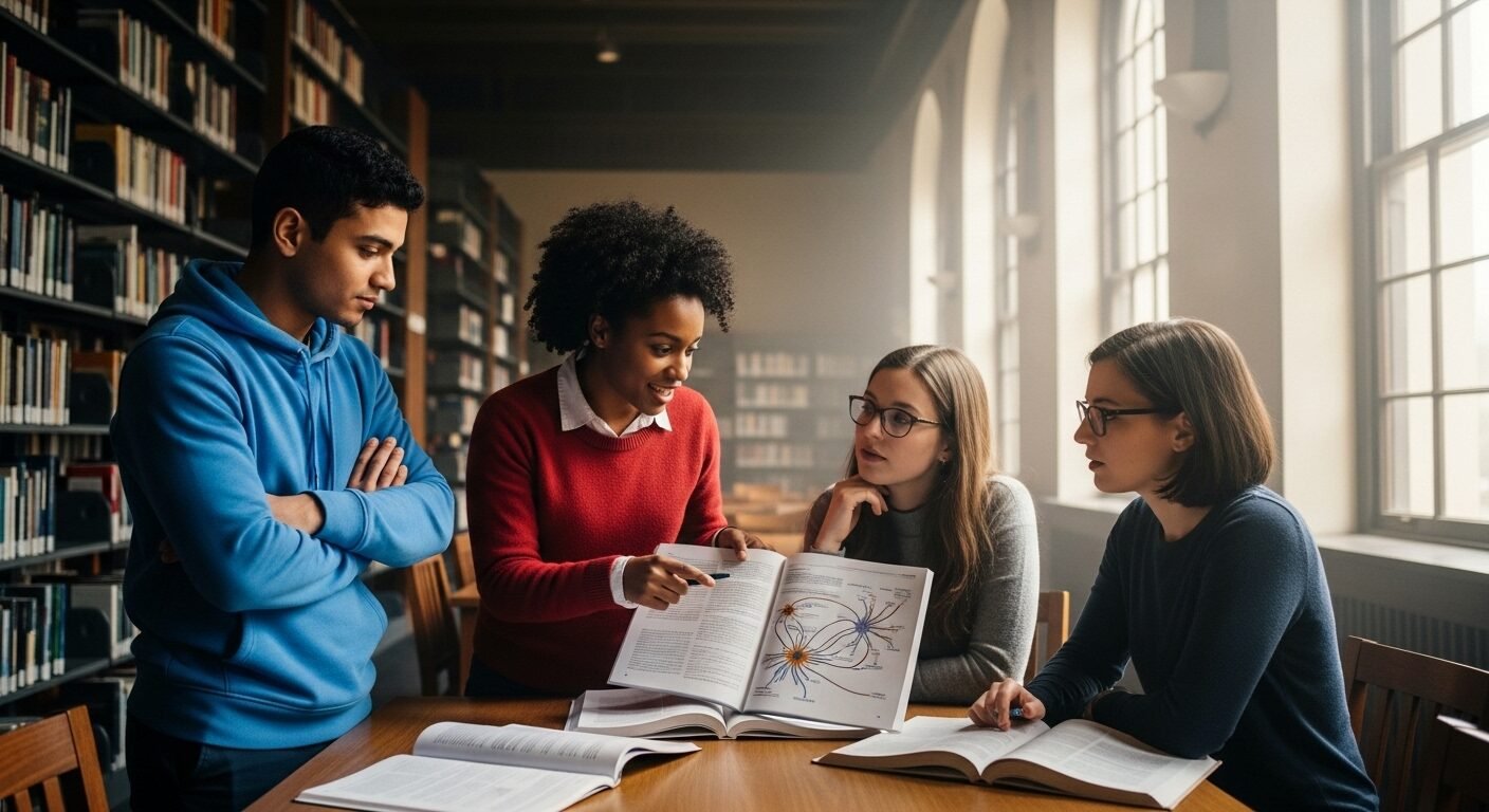 Ba sinh viên đại học đa dạng đang sôi nổi thảo luận về sơ đồ phức tạp trên sách trong thư viện ngập nắng, thể hiện môi trường học tập chất lượng cao tại các trường hàng đầu Việt Nam, thường được ghi nhận trong bảng xếp hạng đại học Việt Nam 2025.