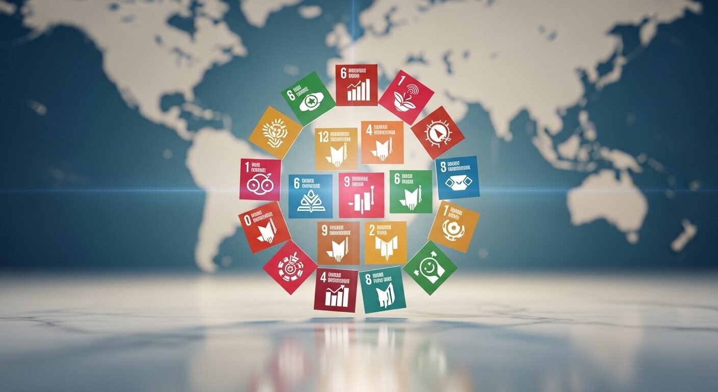 Các biểu tượng Mục tiêu Phát triển Bền vững Liên Hợp Quốc (SDGs) nhiều màu sắc xếp vòng tròn trên nền bản đồ thế giới mờ, biểu thị sự hợp tác toàn cầu. Hình ảnh này liên quan đến các nỗ lực phát triển bền vững và vai trò của các bảng xếp hạng ĐH có tầm ảnh hưởng nhất thế giới trong việc thúc đẩy chúng.