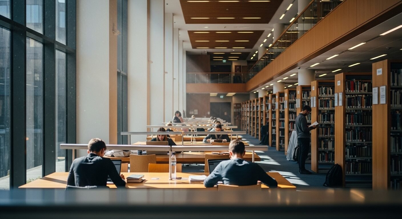 Thư viện đại học hiện đại, rộng rãi với sinh viên học tập, sách báo và ánh sáng tự nhiên, minh họa môi trường học tập chất lượng tại một trong những trường đại học tốt nhất Hà Nội.