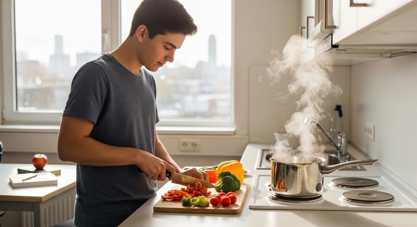 Sinh viên du học tự tay chuẩn bị bữa ăn đơn giản, bổ dưỡng trong bếp chung với rau củ tươi, minh họa cách tiết kiệm khi du học hiệu quả. Sinh viên du học tự tay chuẩn bị bữa ăn đơn giản, bổ dưỡng trong bếp chung với rau củ tươi, minh họa cách tiết kiệm khi du học hiệu quả.