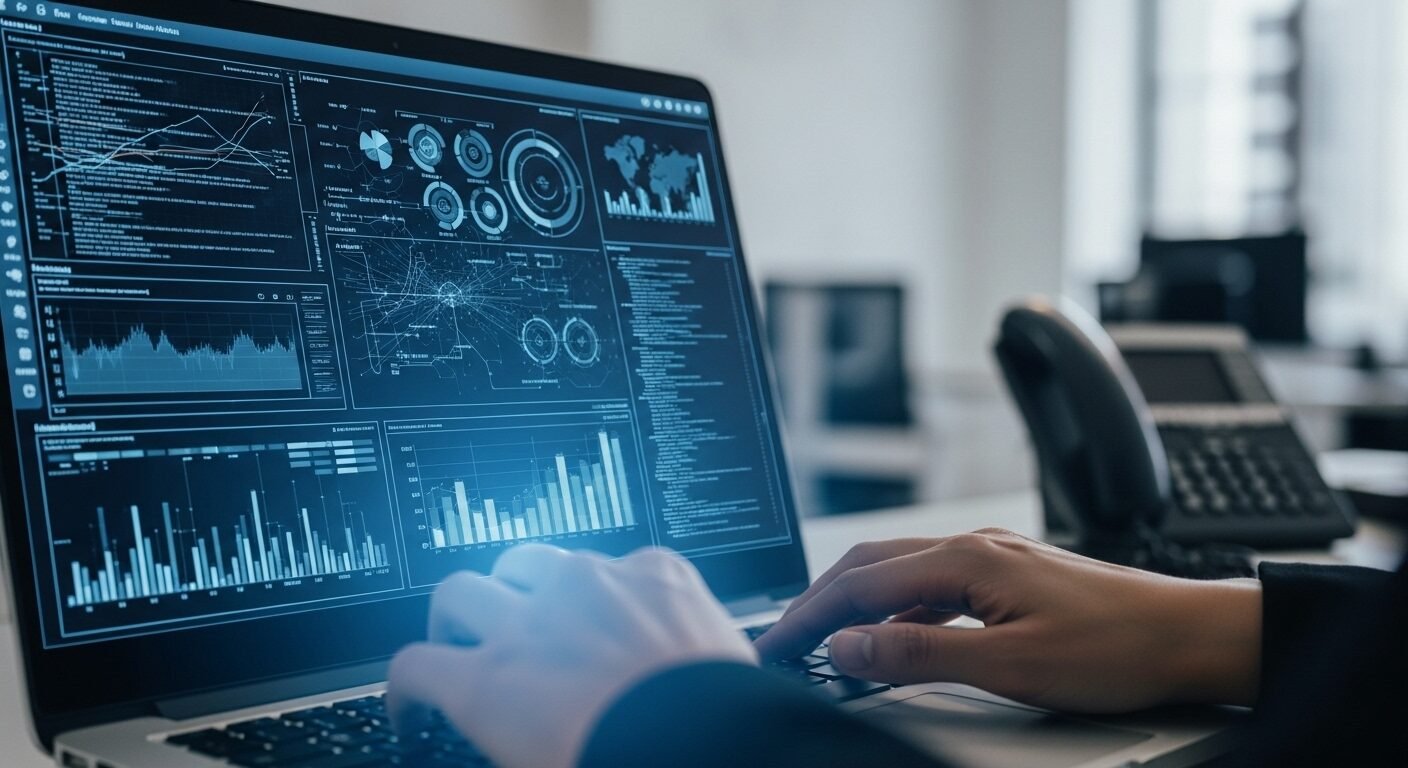 Ảnh cận cảnh màn hình laptop hiển thị biểu đồ dữ liệu phức tạp và code. Tay đang gõ phím, minh họa công việc trong các ngành hot du học về công nghệ, phân tích dữ liệu.