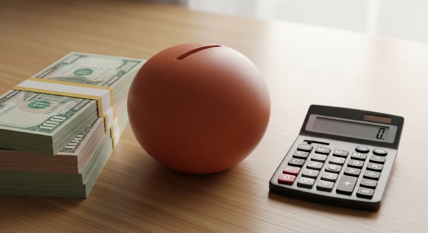 Xấp tiền mặt, ống heo tiết kiệm và máy tính trên bàn, minh họa việc lên kế hoạch và quản lý chi phí du học hiệu quả.