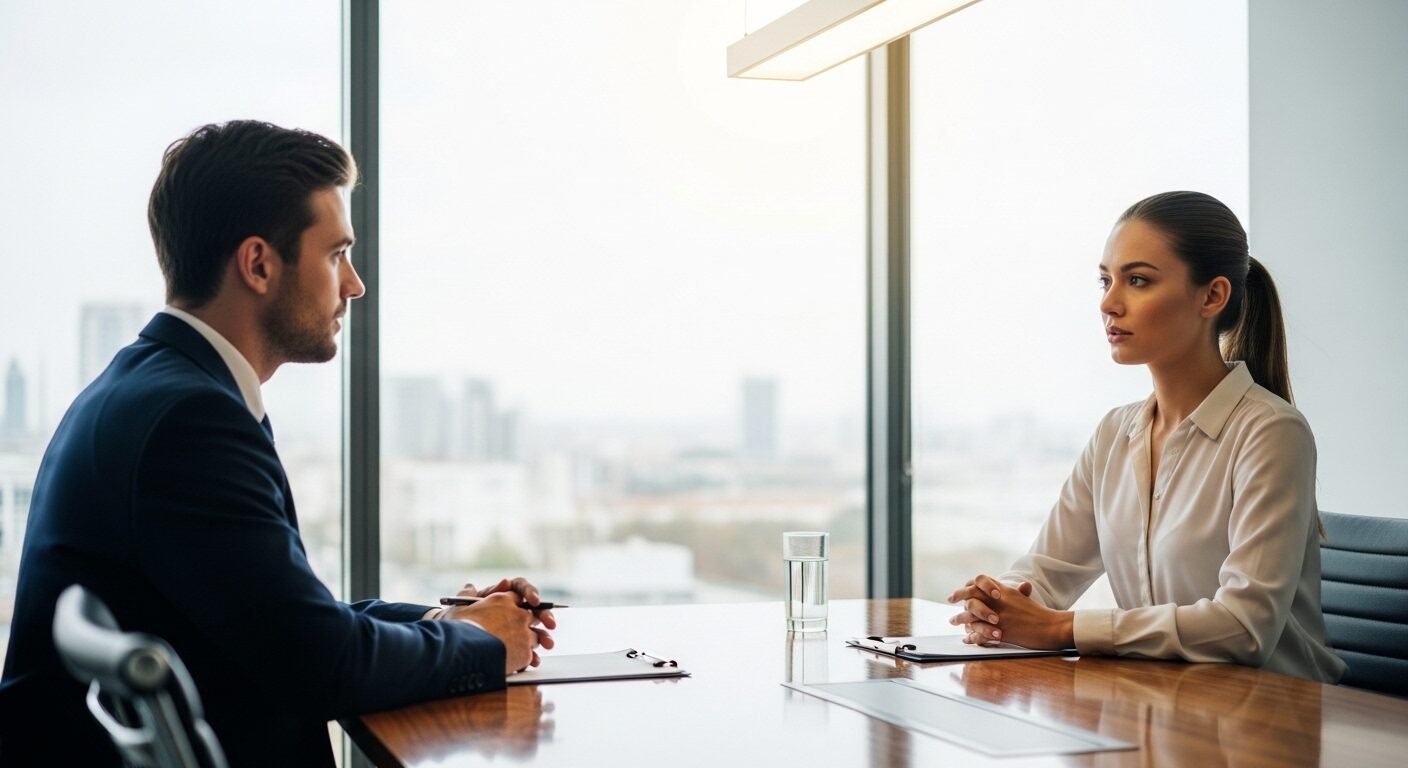 Ứng viên nữ tự tin trao đổi các câu hỏi phỏng vấn và cách trả lời với nhà tuyển dụng nam trong văn phòng hiện đại, có tầm nhìn thành phố. Ứng viên nữ tự tin trao đổi các câu hỏi phỏng vấn và cách trả lời với nhà tuyển dụng nam trong văn phòng hiện đại, có tầm nhìn thành phố.