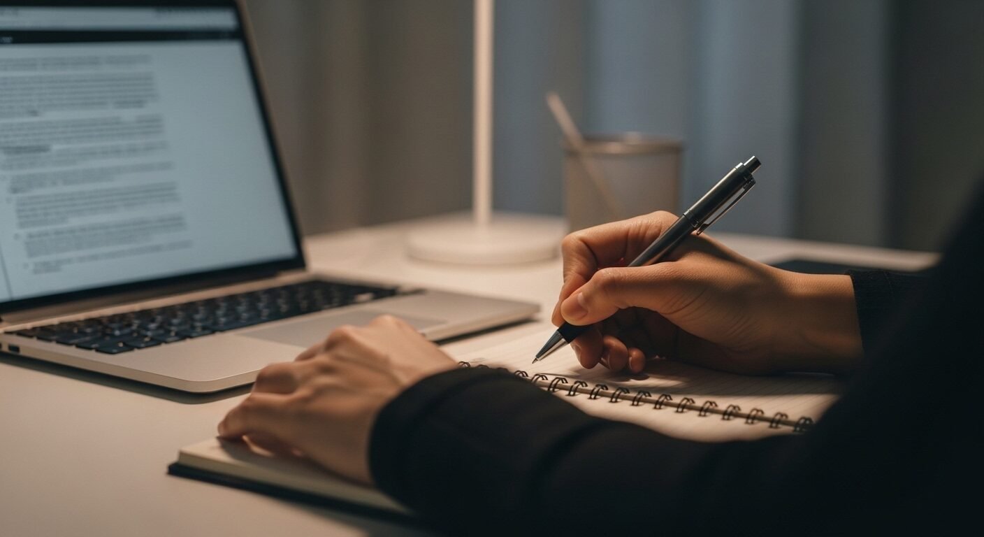 Ghi chú vào sổ, tay cầm bút, chuẩn bị chiến lược cho câu hỏi cuối buổi phỏng vấn, với laptop nghiên cứu ở nền.