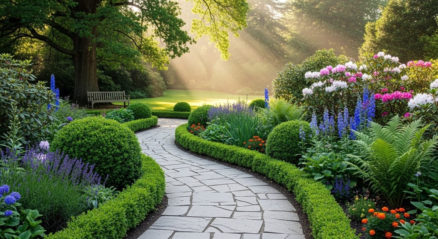 Lối đi trong vườn quanh co, xanh mướt và được chăm sóc kỹ lưỡng, dẫn tới khoảng sáng ngập nắng ấm áp. Hình ảnh gợi liên tưởng đến sự chuẩn bị chu đáo cho một khởi đầu mới, bao gồm cả việc nắm rõ cách trả lời tại sao bạn nghỉ việc tại công ty cũ một cách tự tin và tích cực.