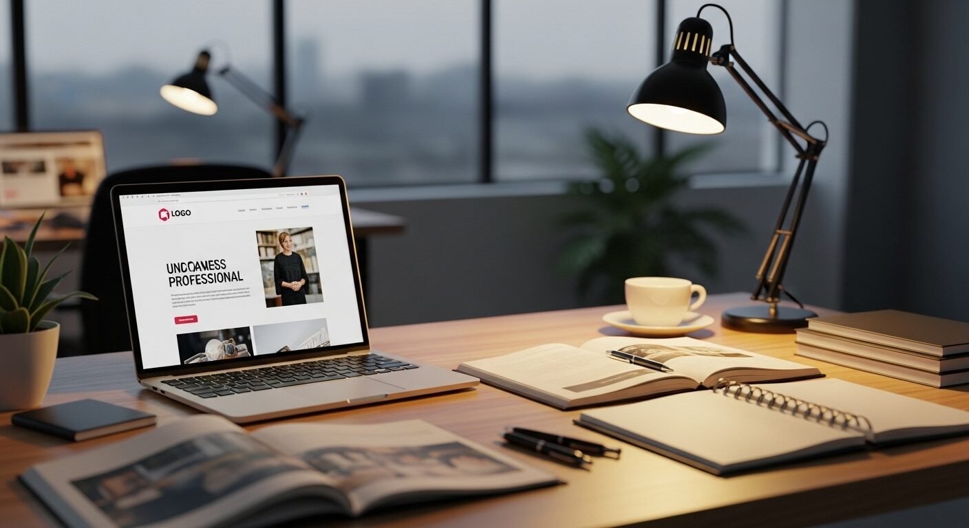 Bàn làm việc chuyên nghiệp với laptop hiển thị website công ty và tạp chí kinh doanh, thể hiện sự nghiên cứu và chuẩn bị kỹ lưỡng để tìm ra cách trả lời câu hỏi phỏng vấn tại sao công ty phải chọn em một cách thuyết phục.