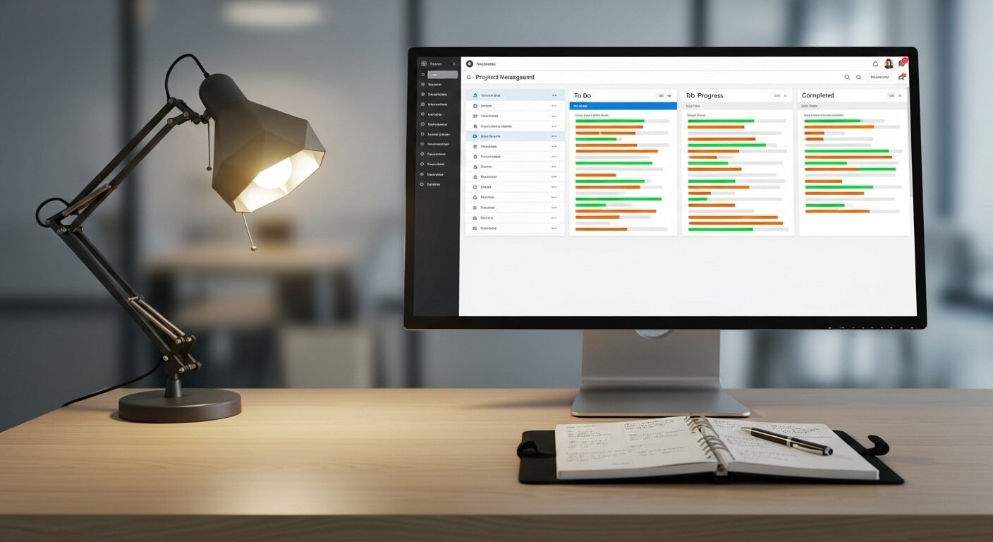 Bàn làm việc hiện đại, ngăn nắp với màn hình lớn hiển thị bảng quản lý dự án số, planner và đèn bàn. Môi trường lý tưởng để phân tích và khắc phục Điểm yếu của bạn là gì? trong công việc. Bàn làm việc hiện đại, ngăn nắp với màn hình lớn hiển thị bảng quản lý dự án số, planner và đèn bàn. Môi trường lý tưởng để phân tích và khắc phục Điểm yếu của bạn là gì? trong công việc.