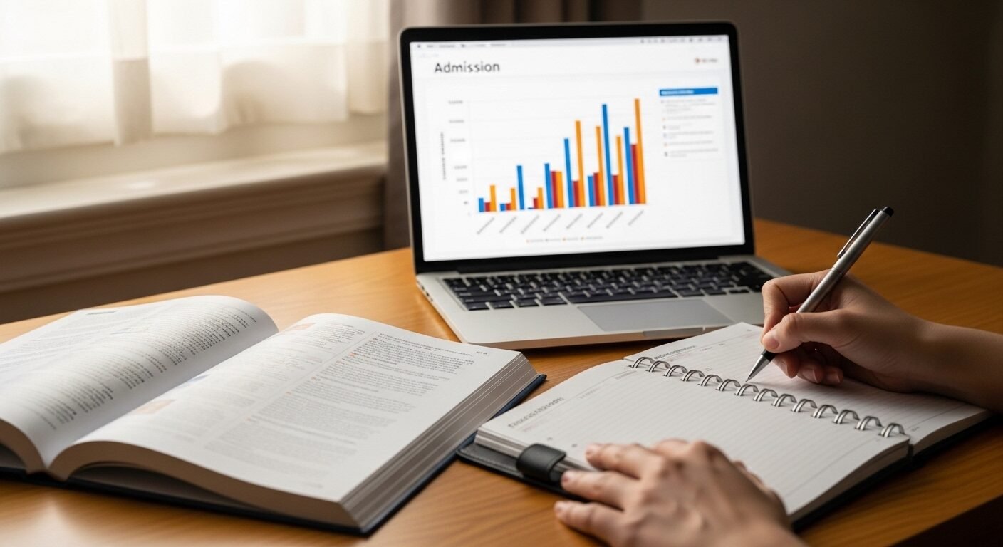 Bàn học gọn gàng với sách vở, laptop hiển thị biểu đồ dữ liệu tuyển sinh đại học. Tay cầm bút ghi chép kế hoạch, hướng tới điểm sàn xét tuyển đại học Hà Nội 2025.