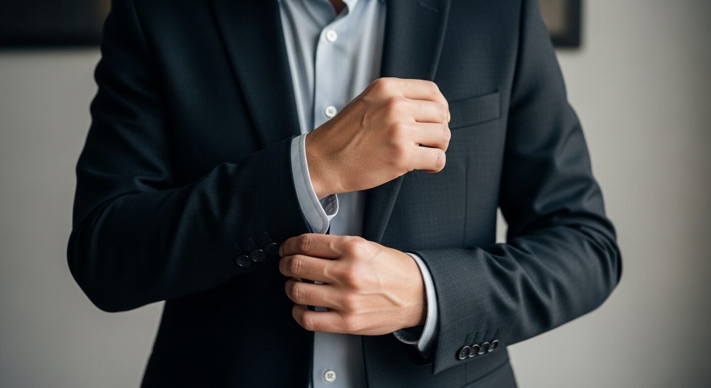 Người mặc vest đen chuyên nghiệp chỉnh cổ tay áo sơ mi, thể hiện sự tỉ mỉ và chuẩn bị kỹ lưỡng cho buổi phỏng vấn. Hình ảnh minh họa tầm quan trọng của trang phục chỉn chu đối với kinh nghiệm phỏng vấn thành công. Người mặc vest đen chuyên nghiệp chỉnh cổ tay áo sơ mi, thể hiện sự tỉ mỉ và chuẩn bị kỹ lưỡng cho buổi phỏng vấn. Hình ảnh minh họa tầm quan trọng của trang phục chỉn chu đối với kinh nghiệm phỏng vấn thành công.