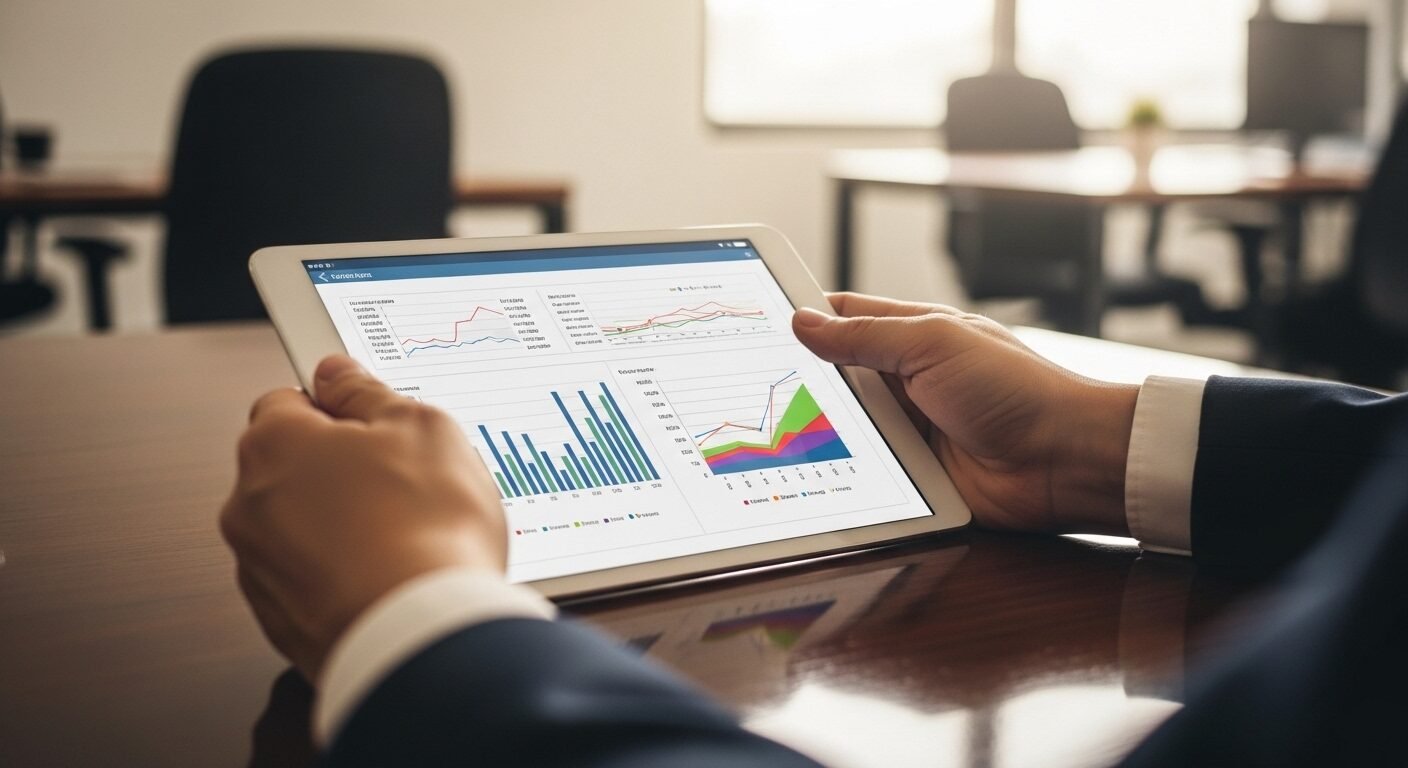 Hình ảnh cận cảnh bàn tay chuyên nghiệp đang xem biểu đồ dữ liệu trên máy tính bảng, phân tích Lý do ứng viên từ chối lời mời làm việc trong không gian văn phòng.