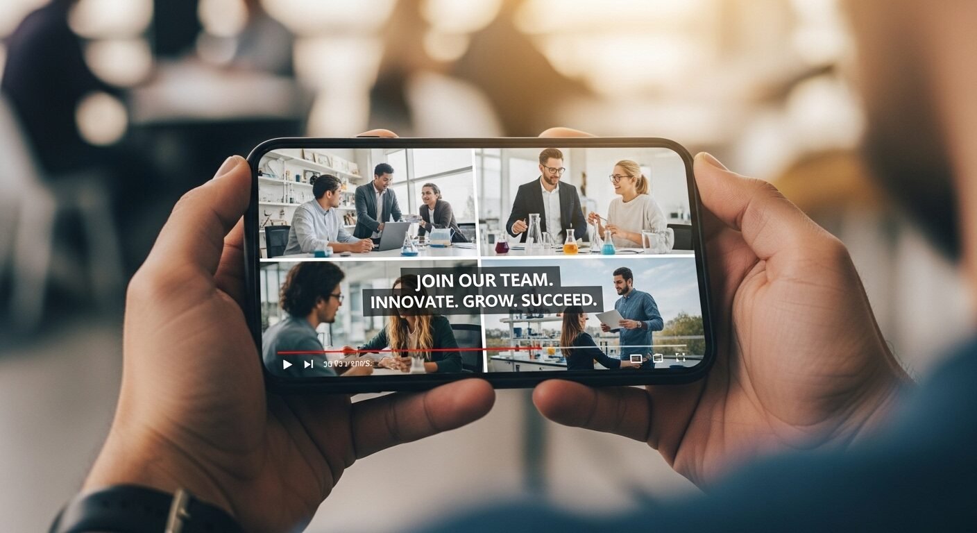 Tay cầm điện thoại xem video TikTok tuyển dụng hấp dẫn trên màn hình.