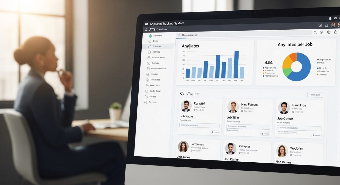 Màn hình ATS hiển thị hồ sơ ứng viên và biểu đồ, chuyên gia đang phân tích để tuyển dụng mass hiệu quả trong văn phòng hiện đại.