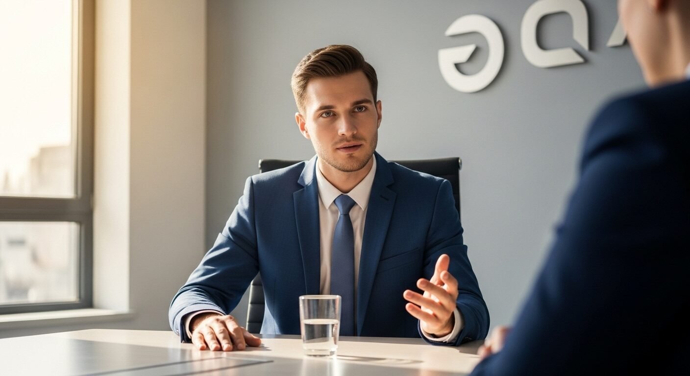 Ứng viên trẻ tự tin trao đổi với nhà tuyển dụng trong buổi phỏng vấn. Hình ảnh minh họa cách trả lời phỏng vấn khi chưa có kinh nghiệm một cách chuyên nghiệp.