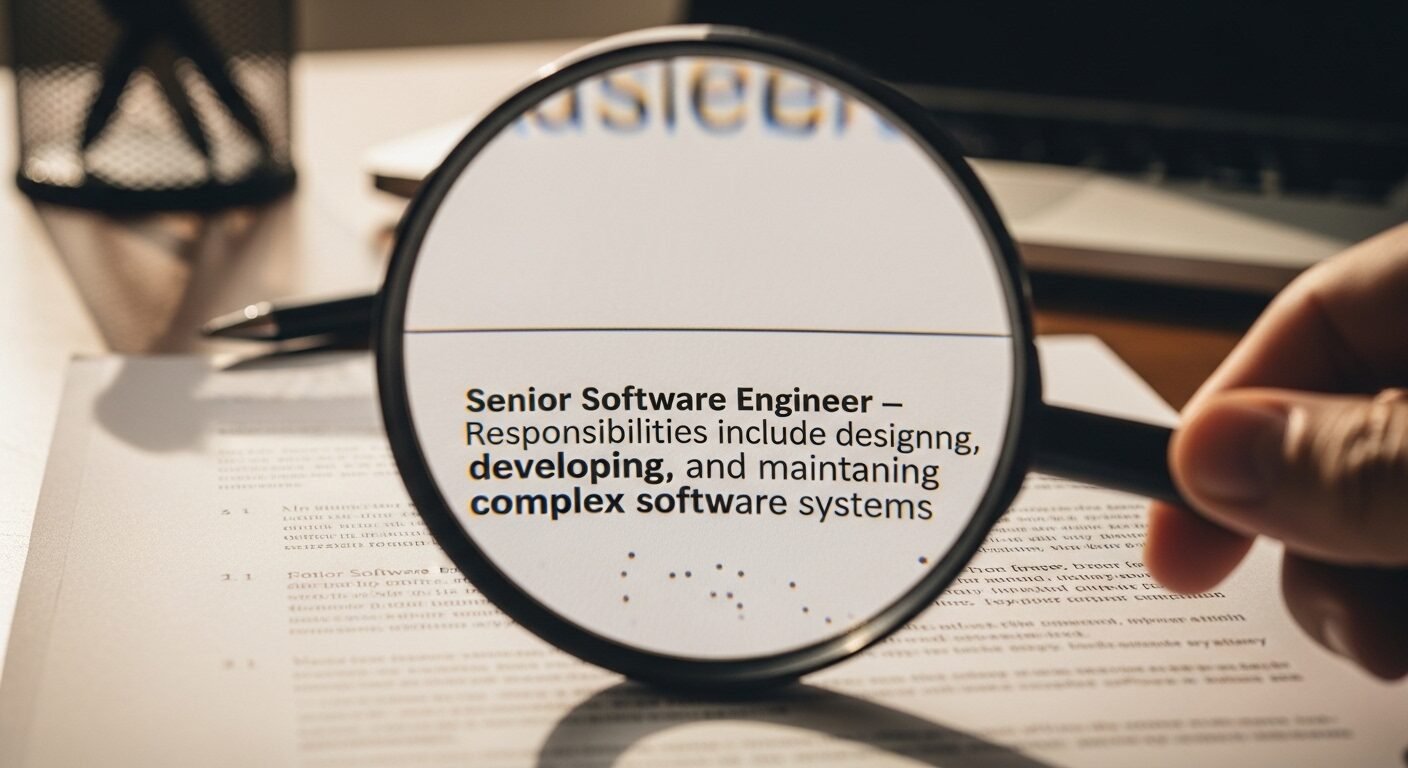 Cận cảnh kính lúp trên tài liệu mô tả công việc, giúp ứng viên tìm hiểu kỹ để chuẩn bị các câu hỏi phỏng vấn nhà tuyển dụng.