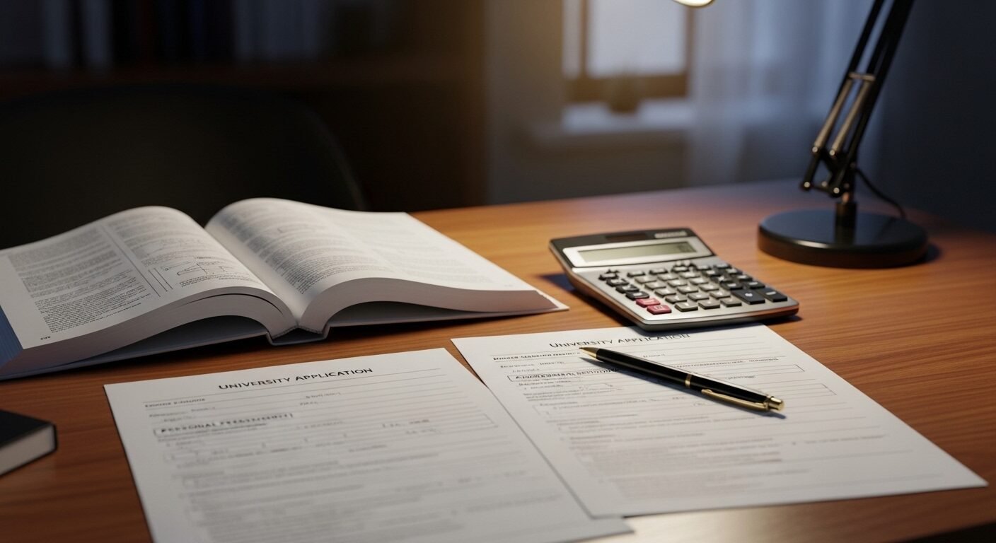 Bàn học gọn gàng với sách giáo trình mở, bút, máy tính và chồng đơn đăng ký kỳ tuyển sinh đại học 2026. Ánh đèn ấm áp chiếu sáng tài liệu.