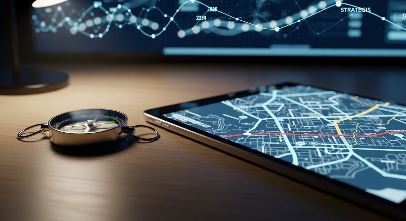 La bàn mạ chrome và máy tính bảng hiển thị lộ trình kỹ thuật số trên bàn làm việc gọn gàng, tượng trưng cho chiến lược và định hướng rõ ràng trong thiết kế trang web.