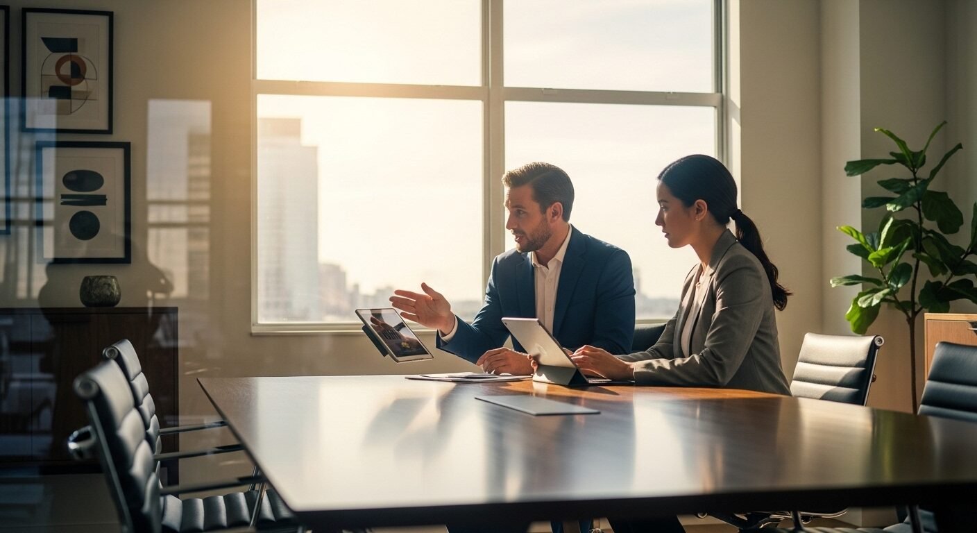 Hai chuyên gia kinh doanh đang thảo luận về quy trình tuyển dụng ngân hàng trên máy tính bảng, trong phòng họp hiện đại tràn ngập ánh sáng tự nhiên.