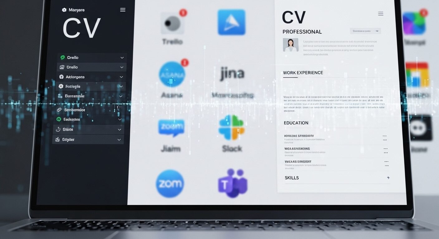 Mẫu CV nhân viên văn phòng chuyên nghiệp hiển thị trên màn hình laptop, kèm các ứng dụng làm việc.