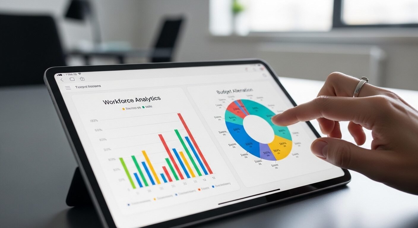 Màn hình máy tính bảng hiển thị biểu đồ phân tích nhân sự, phân bổ ngân sách và tay đang tương tác. Dữ liệu này hỗ trợ xây dựng mẫu kế hoạch tuyển dụng hiệu quả cho doanh nghiệp.