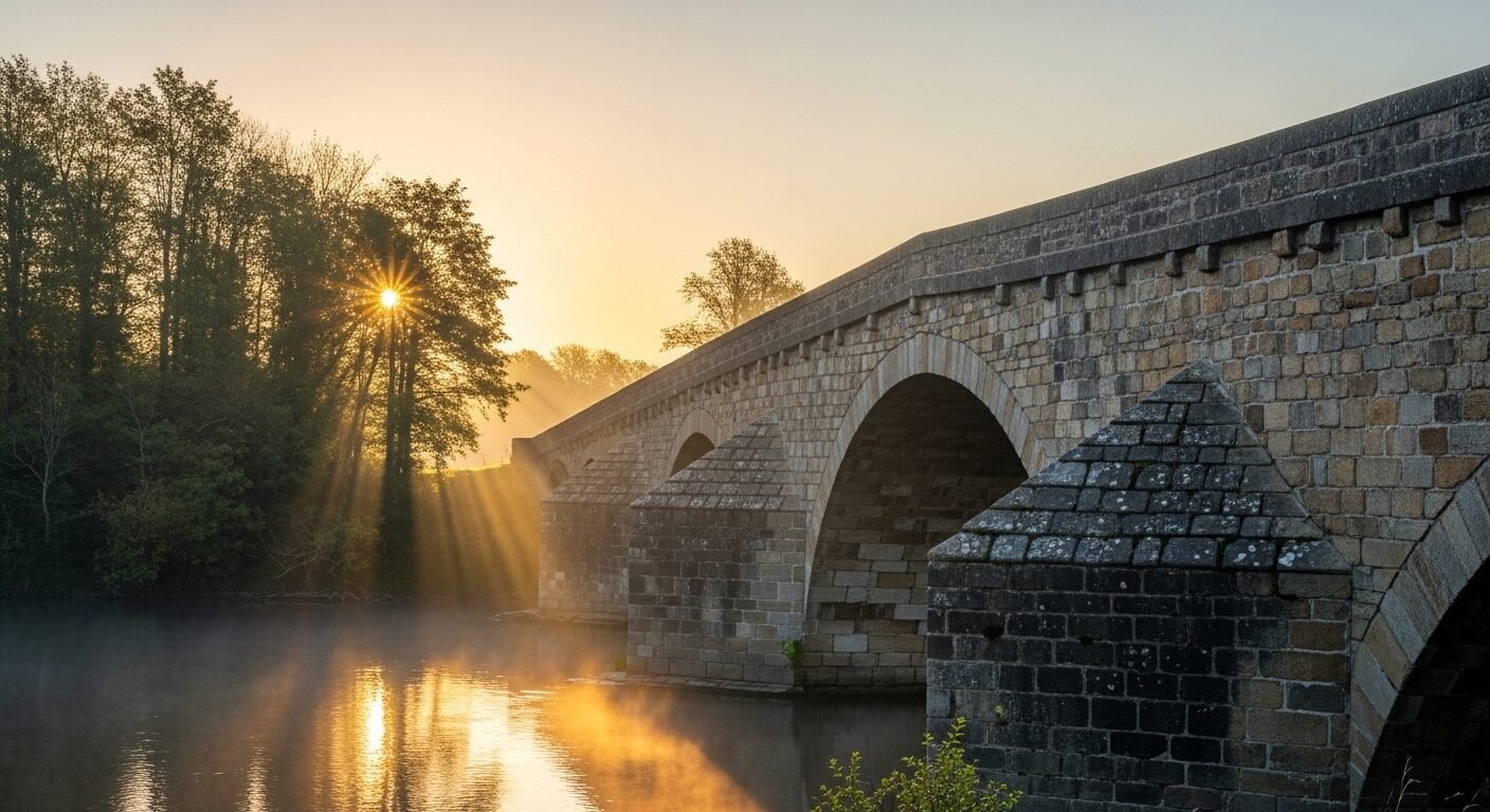 Cầu đá cổ kính vững chãi bắc qua sông dưới nắng sớm, tượng trưng cho nền tảng vững chắc cho đề thi tốt nghiệp THPT 2026.
