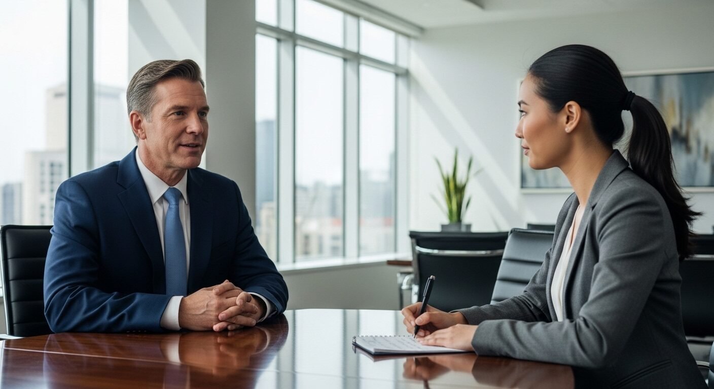 Phỏng vấn chuyên nghiệp trong văn phòng hiện đại. Ứng viên chăm chú lắng nghe và ghi chú các câu hỏi phỏng vấn nhân viên nhân sự từ nhà tuyển dụng. Phỏng vấn chuyên nghiệp trong văn phòng hiện đại. Ứng viên chăm chú lắng nghe và ghi chú các câu hỏi phỏng vấn nhân viên nhân sự từ nhà tuyển dụng.