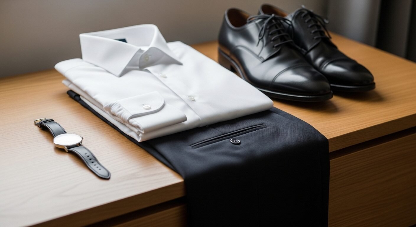 Bộ trang phục phỏng vấn chuyên nghiệp (áo sơ mi trắng, quần tây, giày, đồng hồ) được chuẩn bị sẵn sàng, minh họa cho sự chỉnh chu cần có khi tìm hiểu cách trả lời phỏng vấn khi chưa có kinh nghiệm. Bộ trang phục phỏng vấn chuyên nghiệp (áo sơ mi trắng, quần tây, giày, đồng hồ) được chuẩn bị sẵn sàng, minh họa cho sự chỉnh chu cần có khi tìm hiểu cách trả lời phỏng vấn khi chưa có kinh nghiệm.