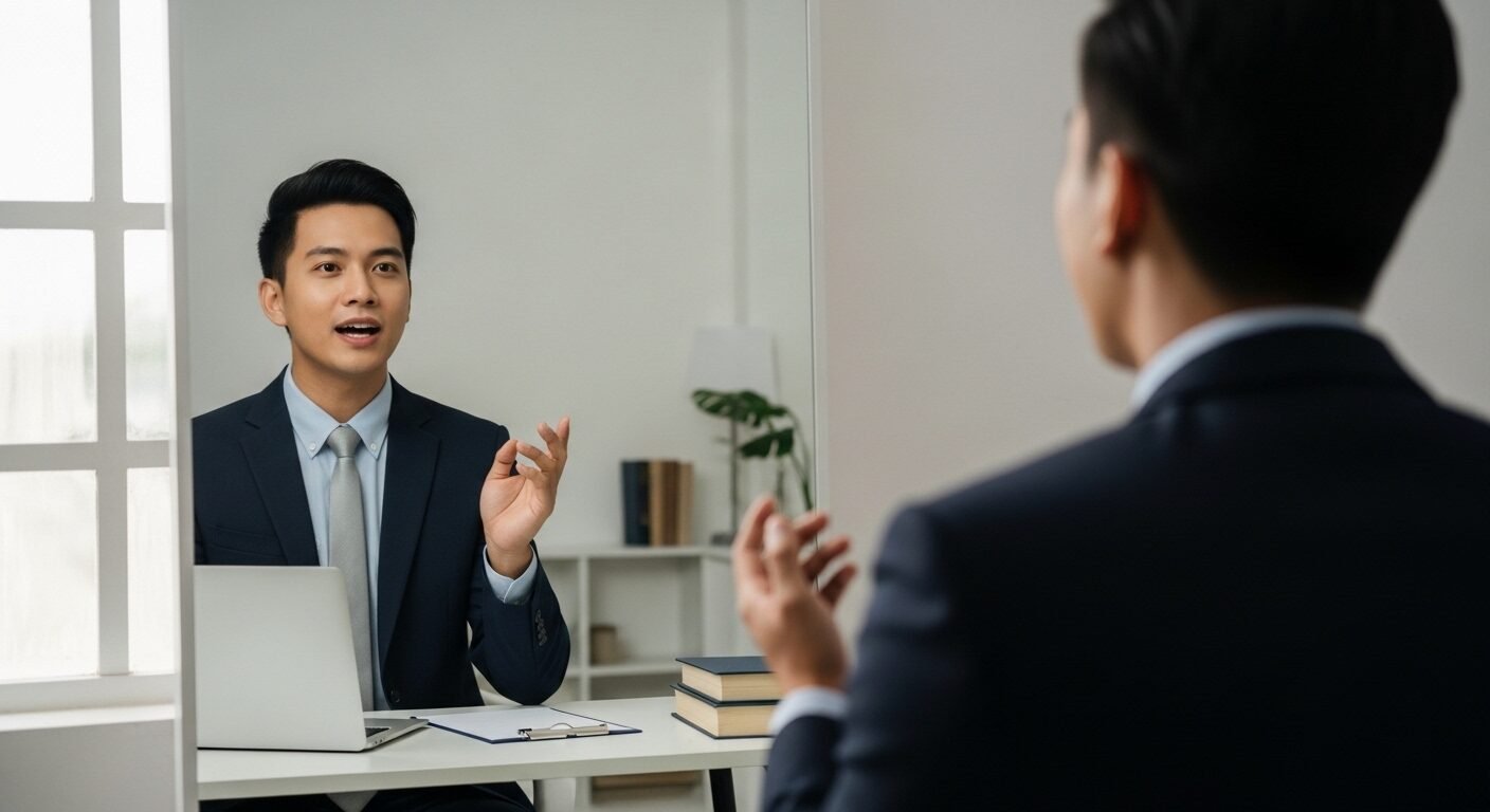 Người mới tốt nghiệp đang tập luyện cách trả lời phỏng vấn khi chưa có kinh nghiệm trước gương với trang phục chuyên nghiệp và vẻ mặt tự tin.