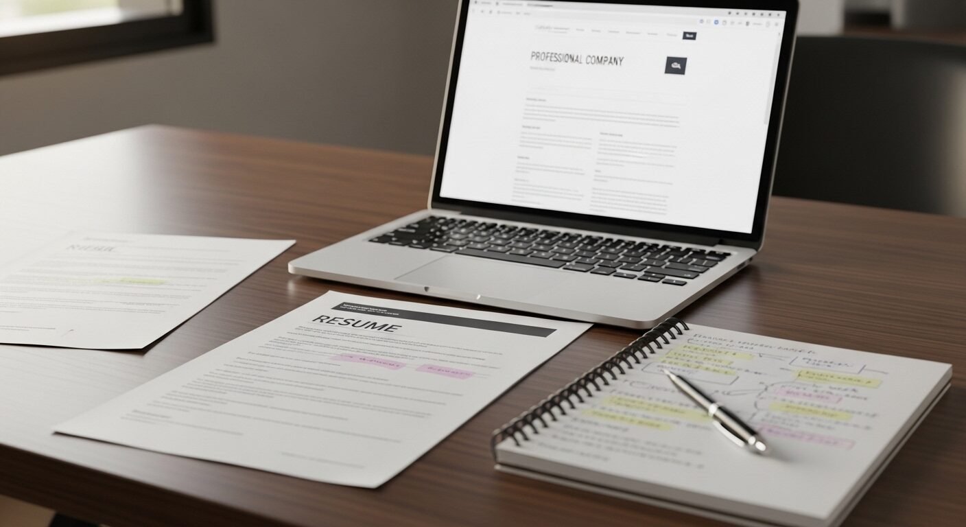 Bàn làm việc gọn gàng với laptop, CV và sổ ghi chú, thể hiện sự chuẩn bị kỹ lưỡng, đặc biệt là cách trả lời phỏng vấn khi chưa có kinh nghiệm. Bàn làm việc gọn gàng với laptop, CV và sổ ghi chú, thể hiện sự chuẩn bị kỹ lưỡng, đặc biệt là cách trả lời phỏng vấn khi chưa có kinh nghiệm.