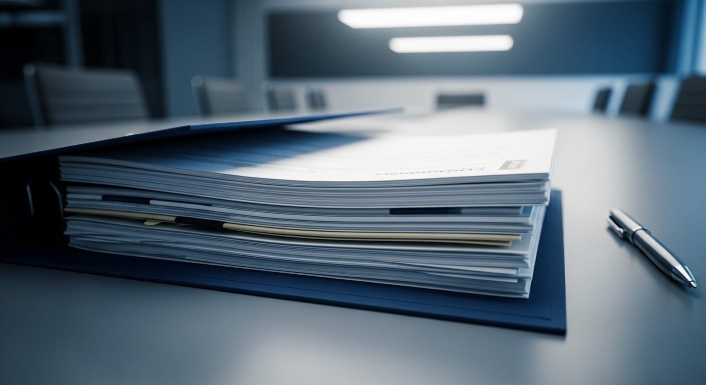 Folder tài liệu chuyên nghiệp gọn gàng, bút bạc trên bàn hội nghị. Bối cảnh chuẩn bị kỹ lưỡng này gợi liên tưởng đến cách trả lời phỏng vấn xin việc hiệu quả. Folder tài liệu chuyên nghiệp gọn gàng, bút bạc trên bàn hội nghị. Bối cảnh chuẩn bị kỹ lưỡng này gợi liên tưởng đến cách trả lời phỏng vấn xin việc hiệu quả.