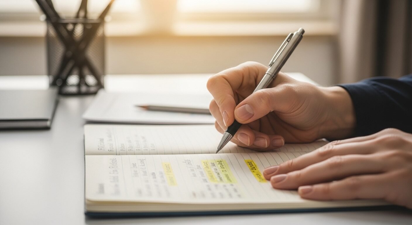 Cận cảnh tay ghi chép cẩn thận vào sổ, thể hiện sự chuẩn bị kỹ lưỡng để tối ưu cách trả lời điểm mạnh điểm yếu khi phỏng vấn và các câu hỏi quan trọng khác.