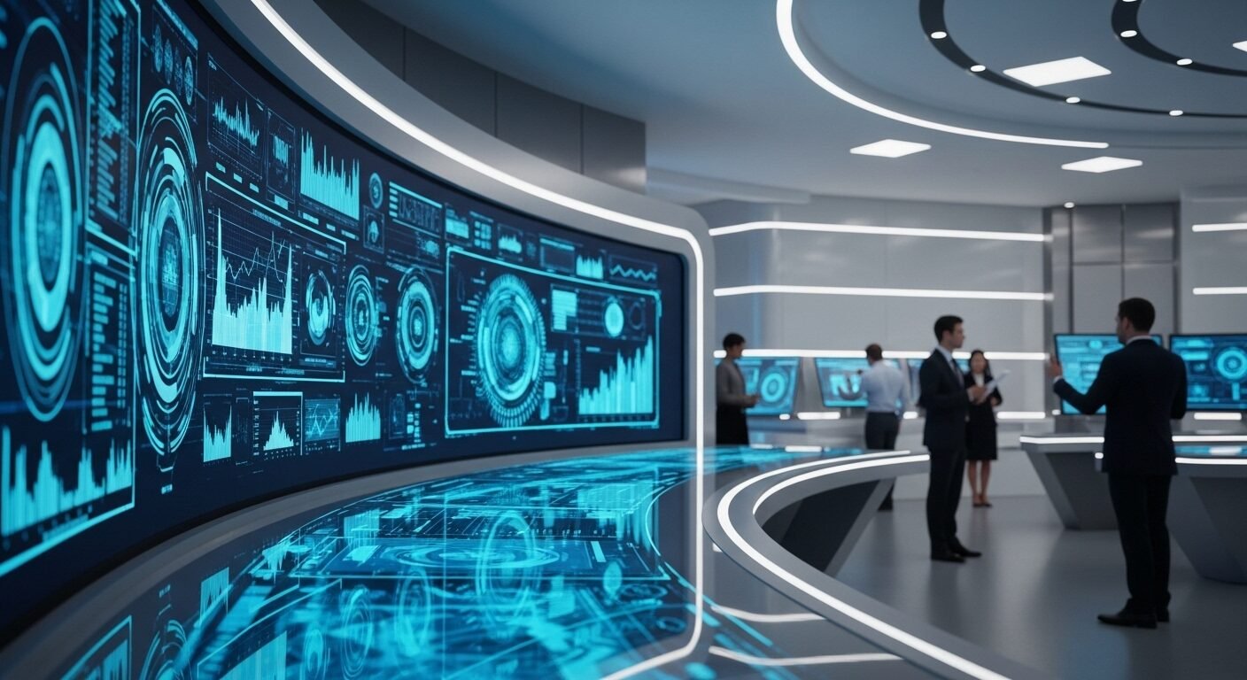 Trung tâm điều khiển hiện đại với màn hình hiển thị phân tích dữ liệu phức tạp và hợp tác toàn cầu, lý tưởng cho review HCLTech về năng lực công nghệ và giải pháp doanh nghiệp.