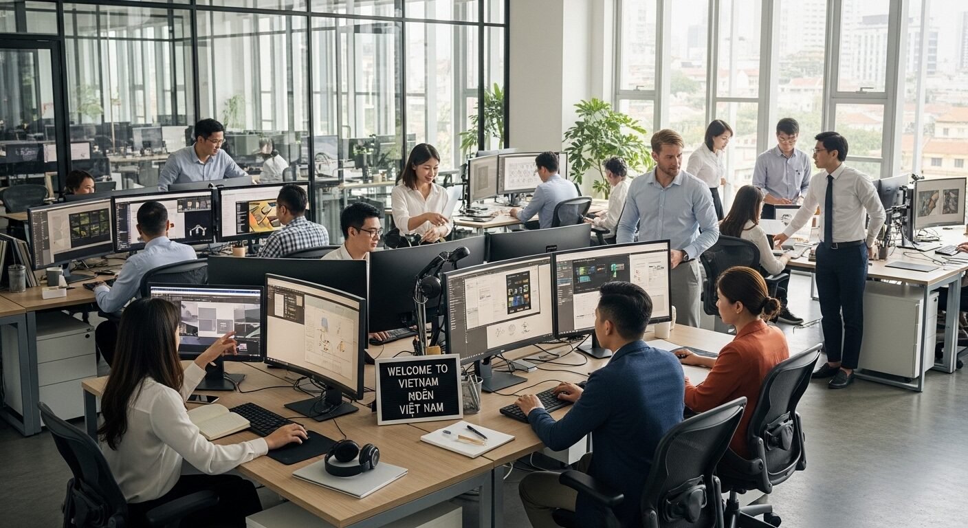 Đội ngũ đa dạng của một công ty phần mềm tại Việt Nam đang hợp tác hiệu quả trong văn phòng hiện đại, không gian mở. Đội ngũ đa dạng của một công ty phần mềm tại Việt Nam đang hợp tác hiệu quả trong văn phòng hiện đại, không gian mở.