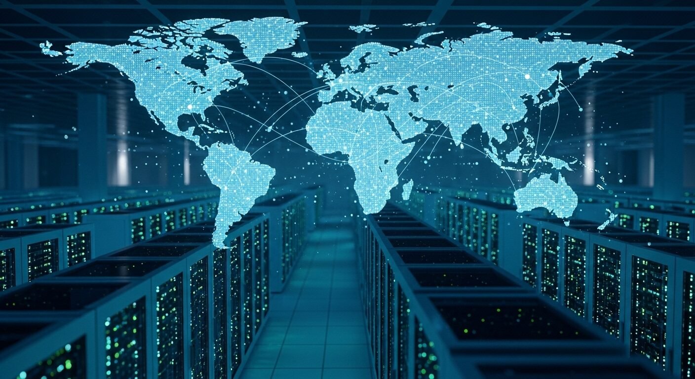 Trung tâm dữ liệu tương lai với tủ server phát sáng, bản đồ thế giới ba chiều biểu tượng cho đổi mới và phạm vi toàn cầu trong công nghệ. Đọc review CO-WELL Asia để khám phá các giải pháp hàng đầu.