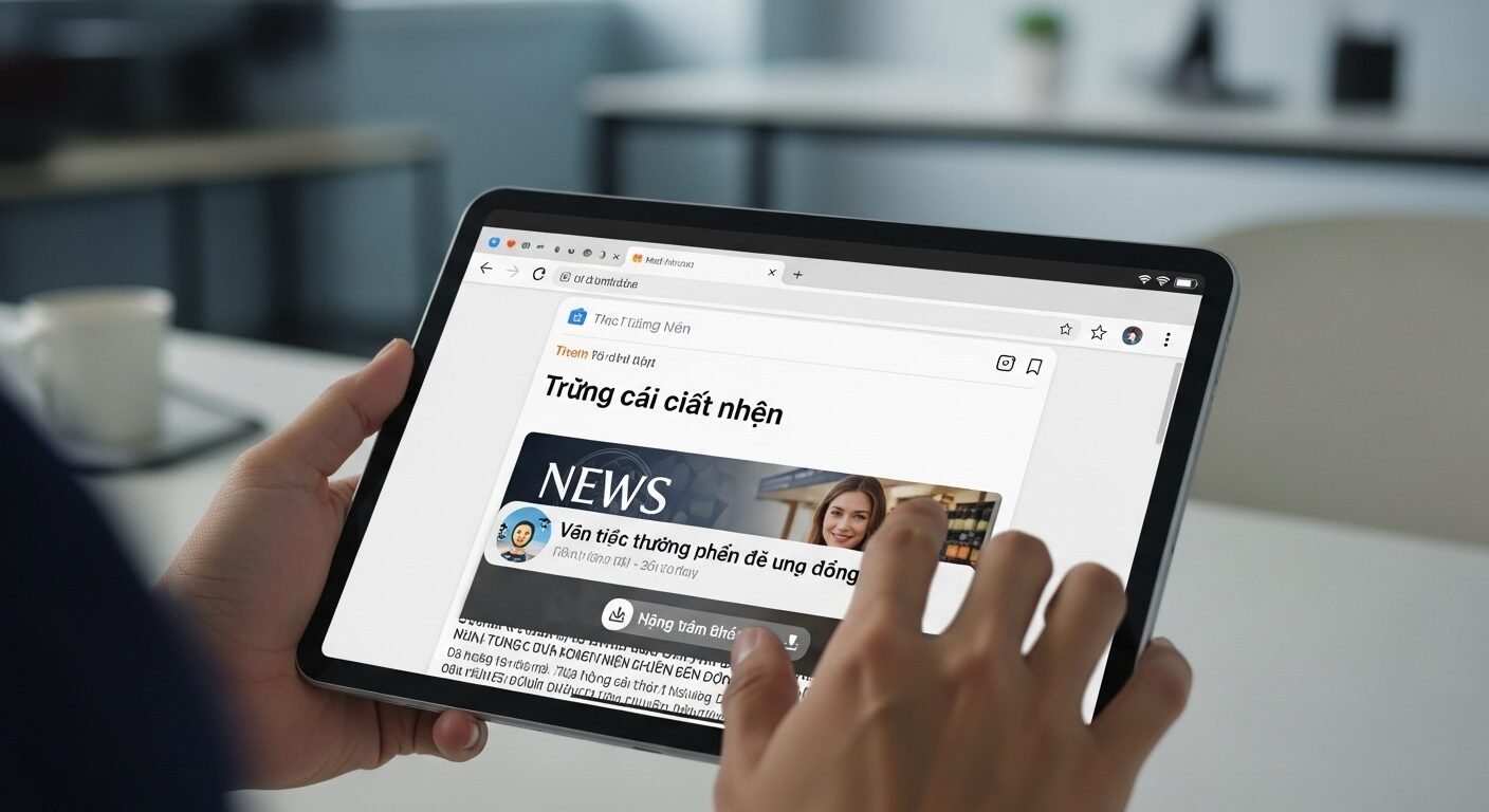 Tay người dùng thao tác trên máy tính bảng, màn hình hiển thị trình duyệt web Cốc Cốc với bài viết tiếng Việt. Các tính năng dịch thuật và tải phương tiện (media) nổi bật, rất phù hợp cho Review Cốc Cốc về trải nghiệm duyệt web thông minh trong văn phòng hiện đại. Tay người dùng thao tác trên máy tính bảng, màn hình hiển thị trình duyệt web Cốc Cốc với bài viết tiếng Việt. Các tính năng dịch thuật và tải phương tiện (media) nổi bật, rất phù hợp cho Review Cốc Cốc về trải nghiệm duyệt web thông minh trong văn phòng hiện đại.