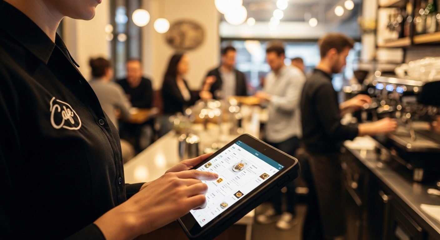 Máy POS cầm tay hiện đại giúp nhân viên phục vụ nhập order nhanh chóng tại quán cà phê bận rộn, thể hiện hiệu quả dịch vụ như các bài Review PosApp thường đánh giá.