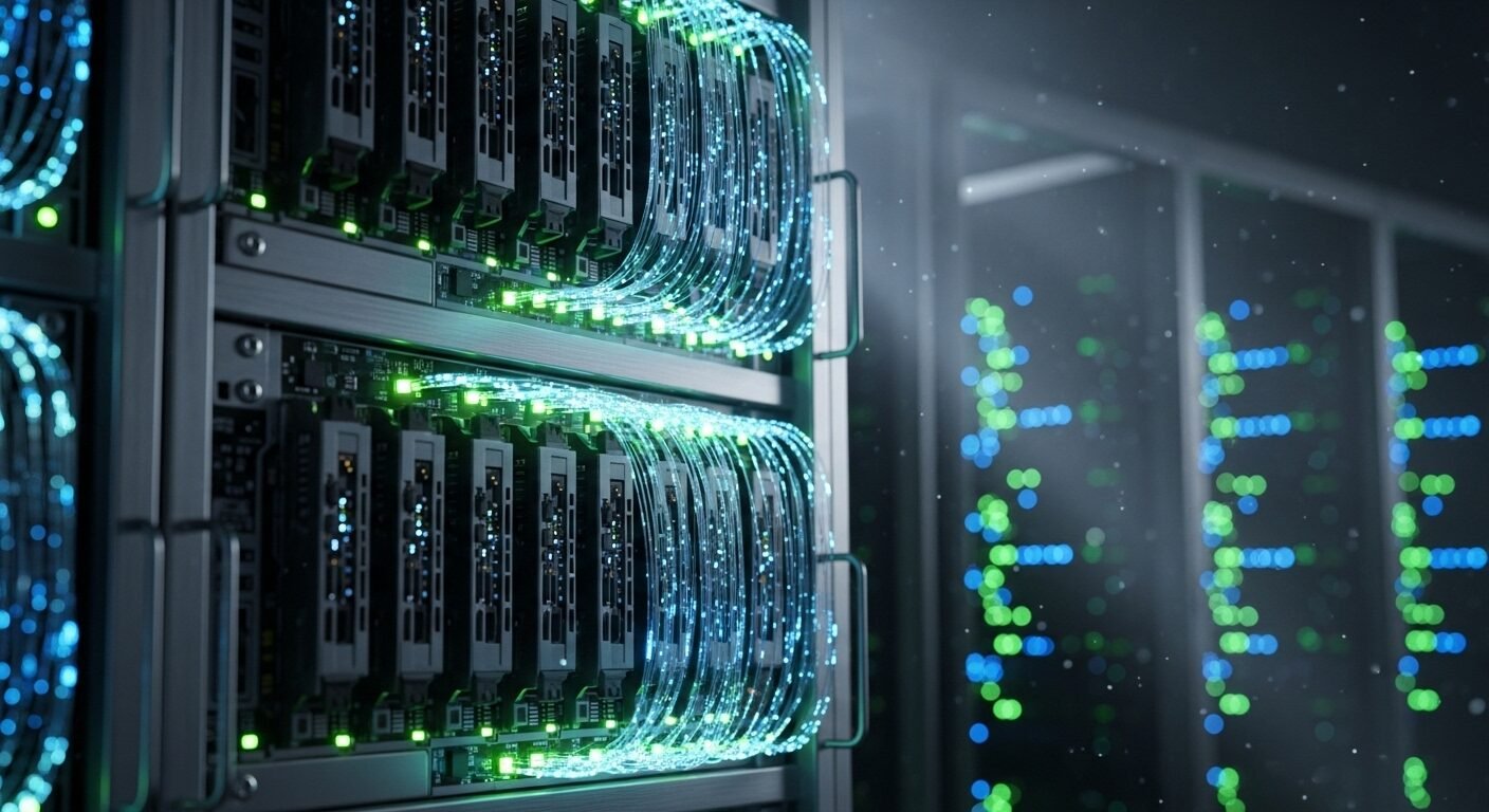 Cận cảnh tủ rack máy chủ AI tinh vi với bo mạch và luồng dữ liệu phát sáng trong trung tâm dữ liệu. Minh họa công nghệ cốt lõi thường được đánh giá trong Review Công ty Boot.AI. Cận cảnh tủ rack máy chủ AI tinh vi với bo mạch và luồng dữ liệu phát sáng trong trung tâm dữ liệu. Minh họa công nghệ cốt lõi thường được đánh giá trong Review Công ty Boot.AI.