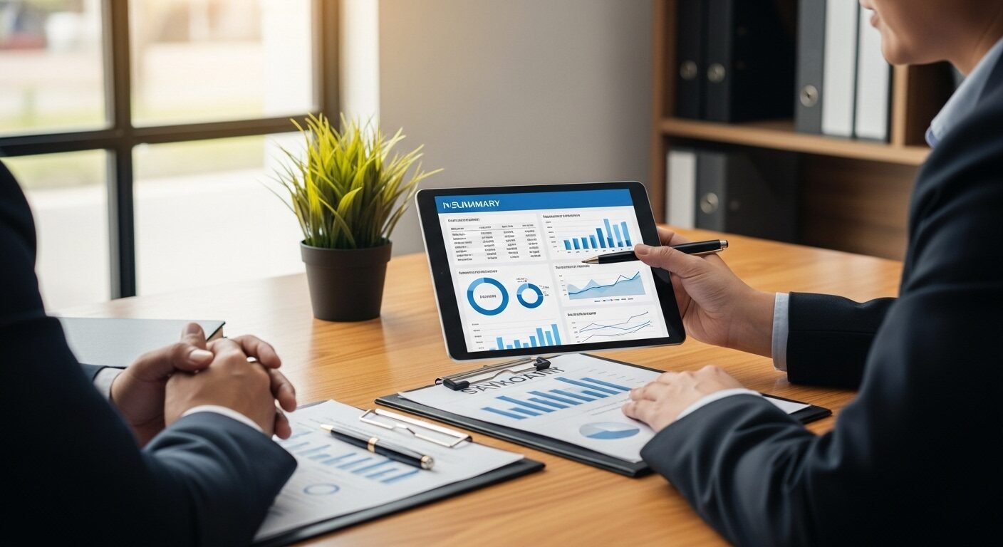 Cố vấn tài chính trình bày dữ liệu chi tiết trên máy tính bảng cho khách hàng trong văn phòng hiện đại, hỗ trợ các quyết định tài chính như vay vốn hoặc tìm hiểu review công ty F88. Cố vấn tài chính trình bày dữ liệu chi tiết trên máy tính bảng cho khách hàng trong văn phòng hiện đại, hỗ trợ các quyết định tài chính như vay vốn hoặc tìm hiểu review công ty F88.