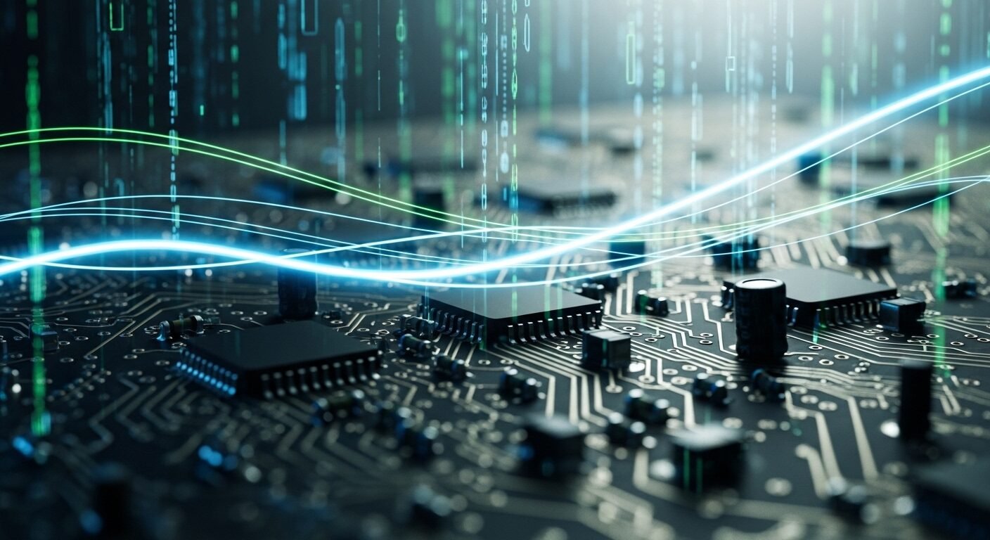 Cận cảnh bo mạch điện tử tinh xảo với ánh sáng xanh và xanh lá cây rực rỡ, tượng trưng cho công nghệ hiện đại. Hình ảnh minh họa cho nội dung liên quan đến các phân tích hoặc review công ty RevoTech.