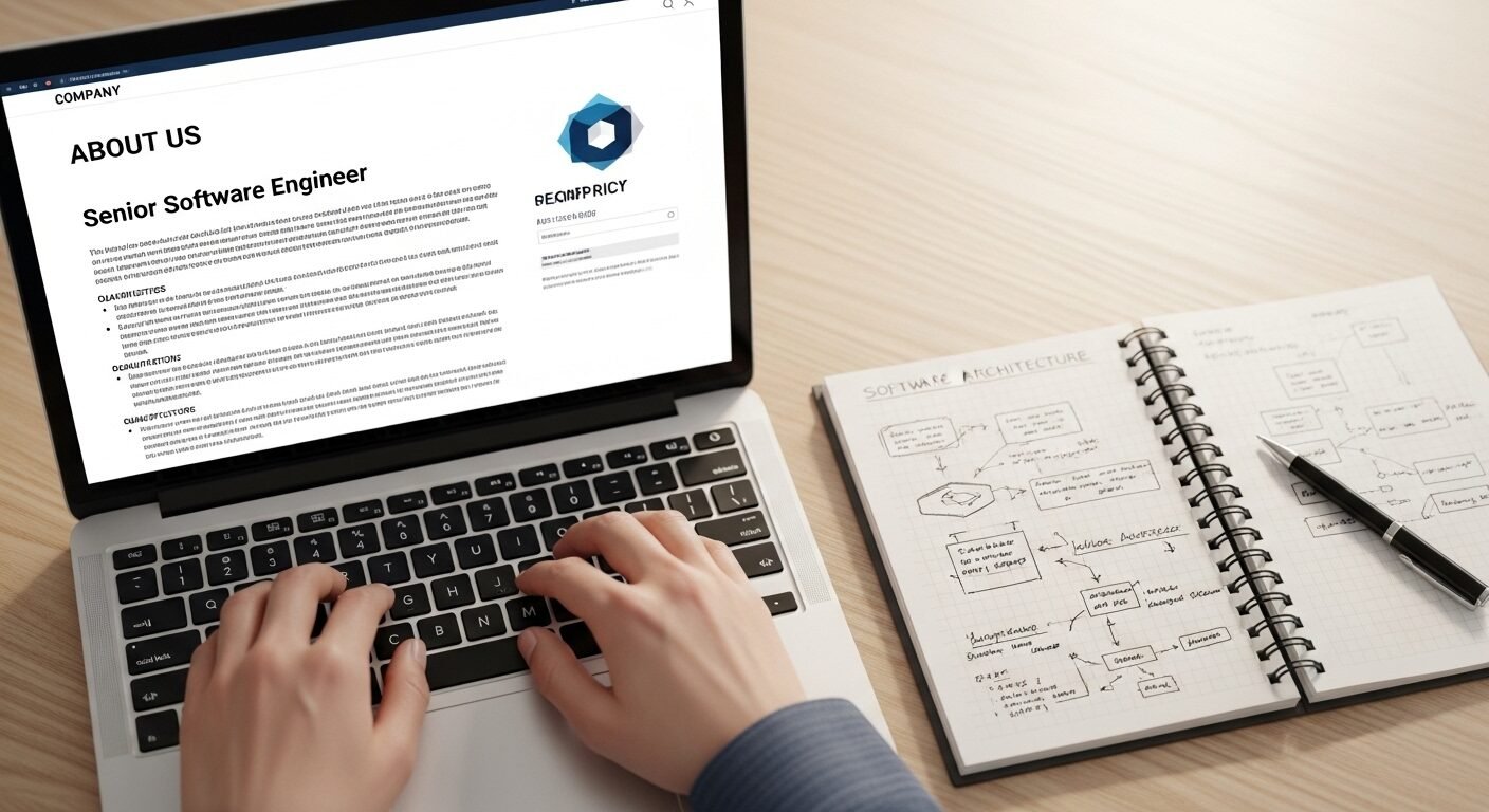 Tay đang gõ laptop trên bàn gỗ, màn hình hiển thị thông tin công ty và mô tả công việc chi tiết. Sổ ghi chép bên cạnh thể hiện sự chuẩn bị kỹ lưỡng cho cách trả lời phỏng vấn giới thiệu bản thân. Tay đang gõ laptop trên bàn gỗ, màn hình hiển thị thông tin công ty và mô tả công việc chi tiết. Sổ ghi chép bên cạnh thể hiện sự chuẩn bị kỹ lưỡng cho cách trả lời phỏng vấn giới thiệu bản thân.