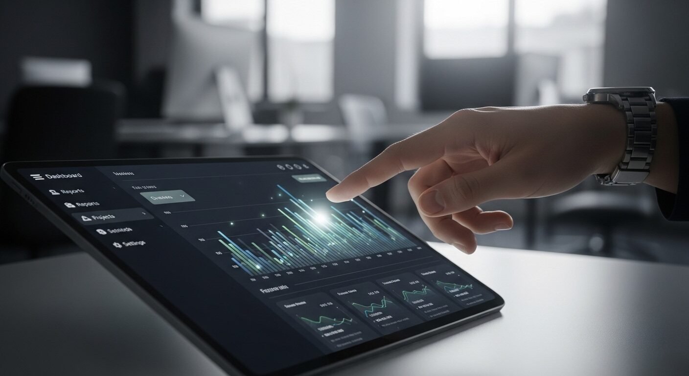 Cận cảnh tay người dùng tương tác tablet hiển thị giao diện phần mềm doanh nghiệp với dữ liệu và biểu đồ. Hình ảnh minh họa trải nghiệm khi review Công ty Công nghệ Vũ Thảo về giải pháp công nghệ. Cận cảnh tay người dùng tương tác tablet hiển thị giao diện phần mềm doanh nghiệp với dữ liệu và biểu đồ. Hình ảnh minh họa trải nghiệm khi review Công ty Công nghệ Vũ Thảo về giải pháp công nghệ.