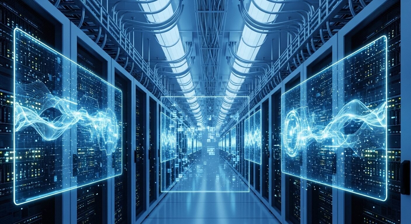 Trung tâm dữ liệu hiện đại, tương lai với hàng loạt giá server phát sáng, luồng dữ liệu số và ánh sáng xanh trắng. Minh họa công nghệ IT cao cấp, phù hợp cho những ai tìm kiếm Review Công ty VMO Holdings và giải pháp hạ tầng.