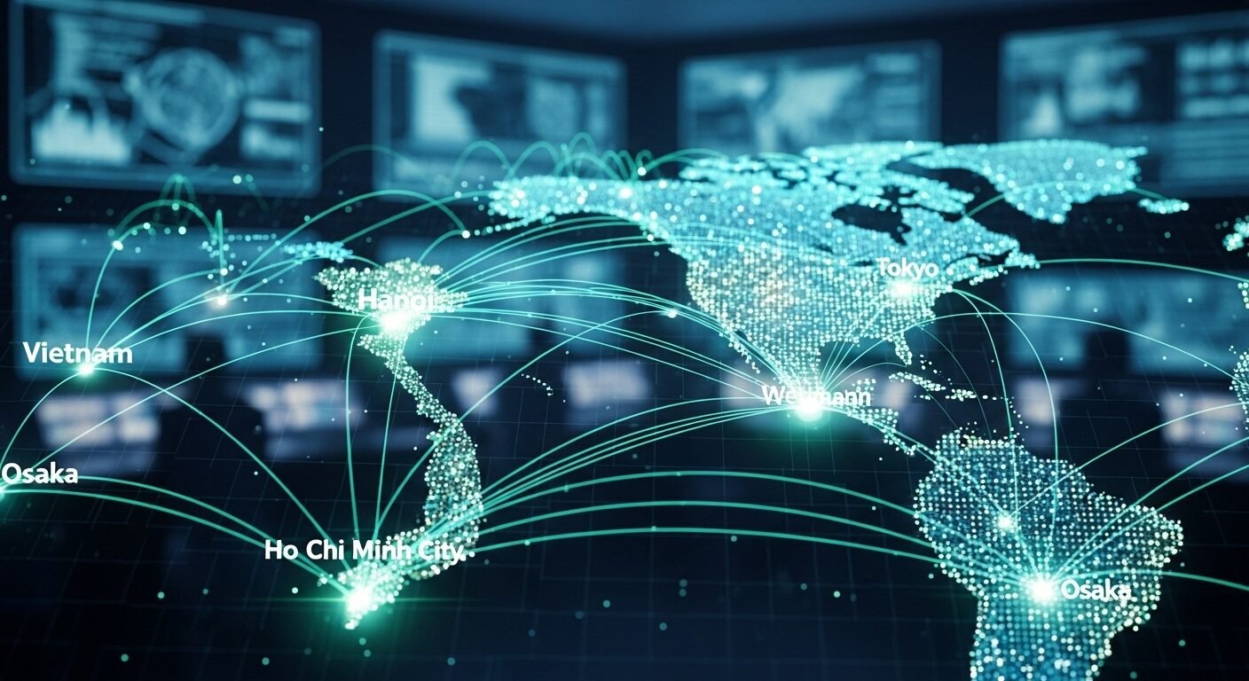 Mô hình trực quan kỹ thuật số động về luồng dữ liệu kết nối toàn cầu, nổi bật liên kết công nghệ giữa Việt Nam và Nhật Bản trên nền trung tâm điều khiển công nghệ cao mờ ảo. Hình ảnh này minh họa cho các giải pháp tiên tiến mà bạn có thể tìm thấy trong review VTI Group. Mô hình trực quan kỹ thuật số động về luồng dữ liệu kết nối toàn cầu, nổi bật liên kết công nghệ giữa Việt Nam và Nhật Bản trên nền trung tâm điều khiển công nghệ cao mờ ảo. Hình ảnh này minh họa cho các giải pháp tiên tiến mà bạn có thể tìm thấy trong review VTI Group.